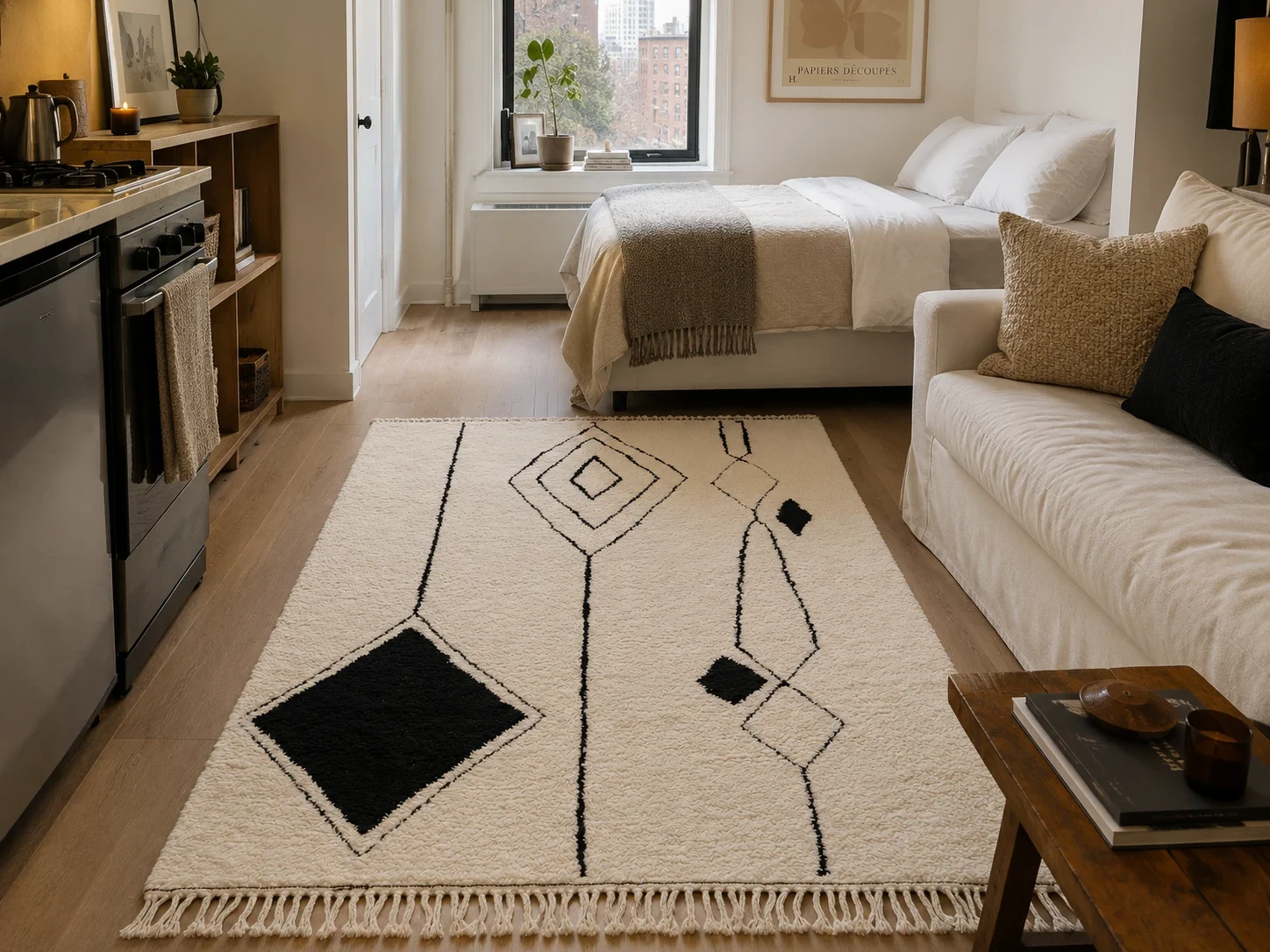 A cream Beni-style rug with black diamonds in a New York studio interior