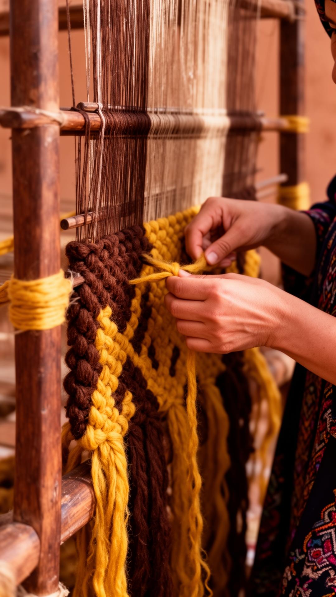 Amazigh weaver hands knotting a rug